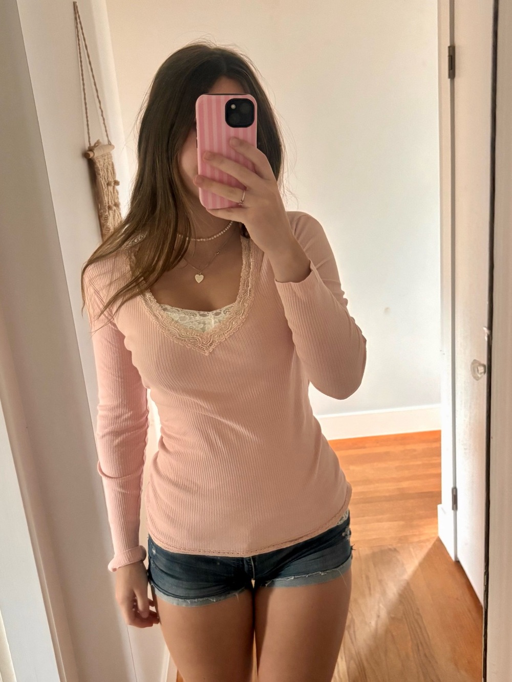 Joe Fresh Blush Pink Lace-Trim Ribbed Long-Sleeve Top